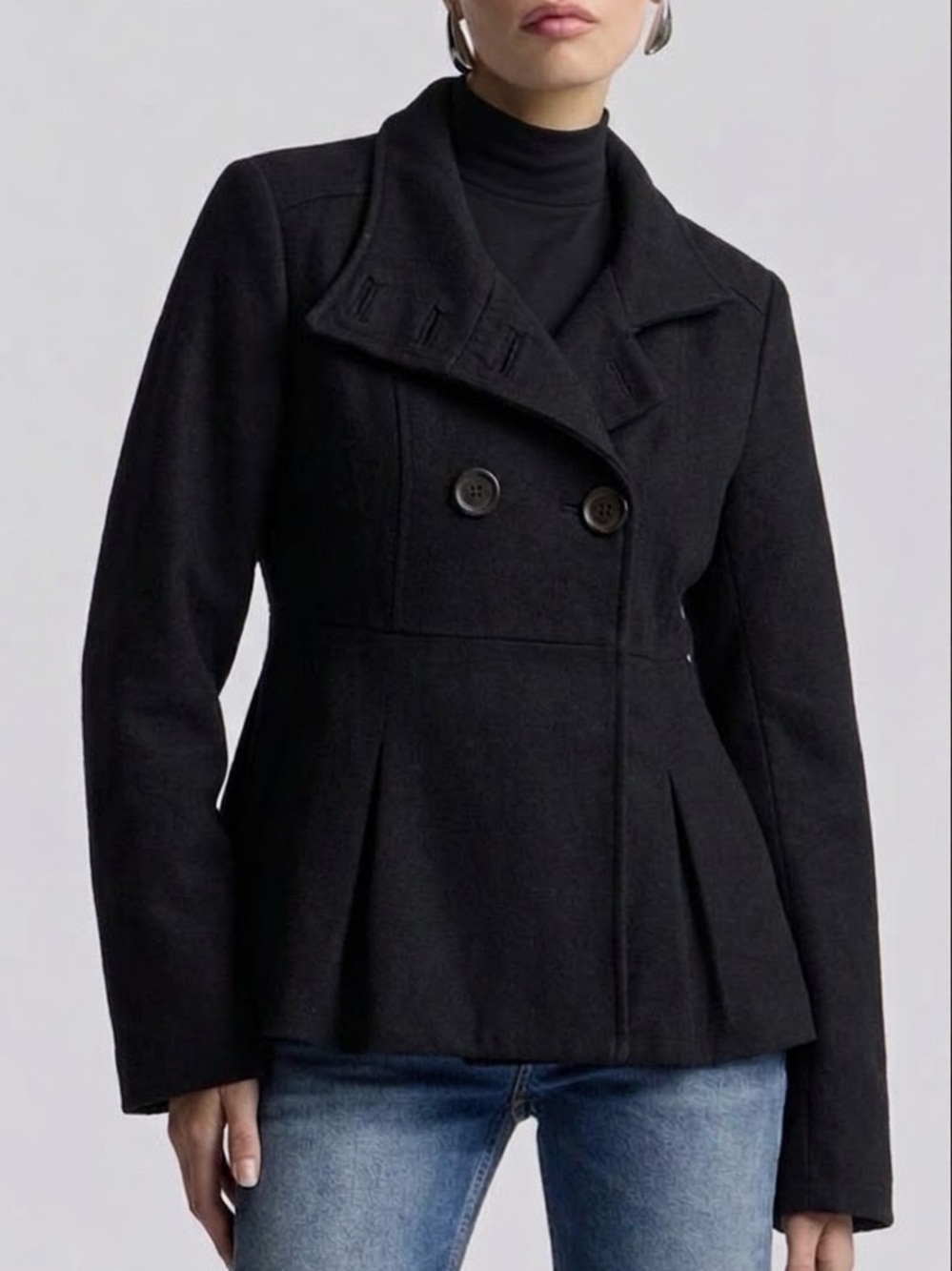 ESPRIT Black Wool Blend Military Jacket Size M Double Breasted Peacoat Y2K 90s